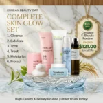 Korean skincare routine set — 6-step K-beauty bundle with cleanser, exfoliant, toner pads, serum, moisturizer and SPF