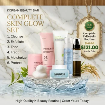 Korean skincare routine set — 6-step K-beauty bundle with cleanser, exfoliant, toner pads, serum, moisturizer and SPF
