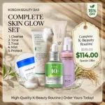Korean Skincare Routine Set — Cleanser, Toner Pads, Serum, Moisturizer & SPF