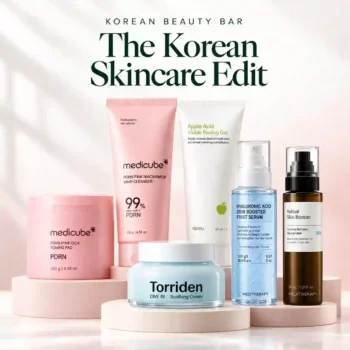 Korean skincare routine set — 6-step K-beauty bundle with cleanser, exfoliant, toner pads, serum, moisturizer and SPF